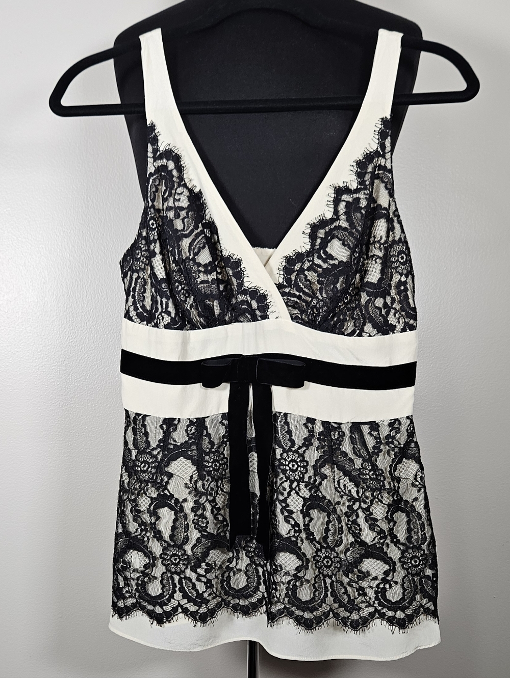 Vtg 90s Tracy Reese Silk & Black Lace Cami Boho Babydoll Velvet Bow Top 4